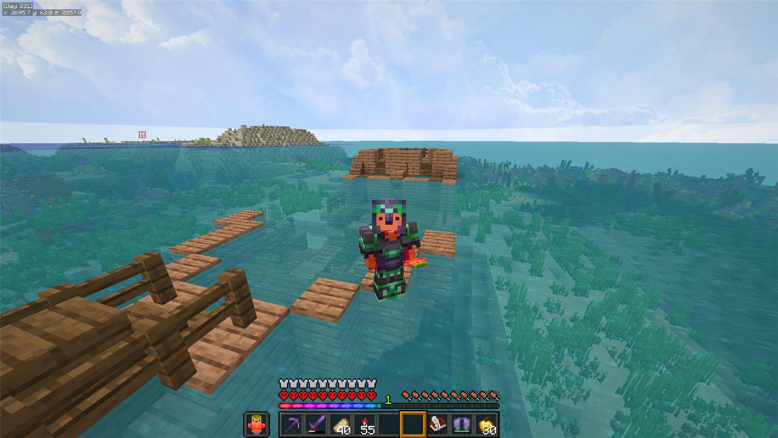lilpeach in full netherite armour standing on a wooden walkway above ocean ruins, day 331